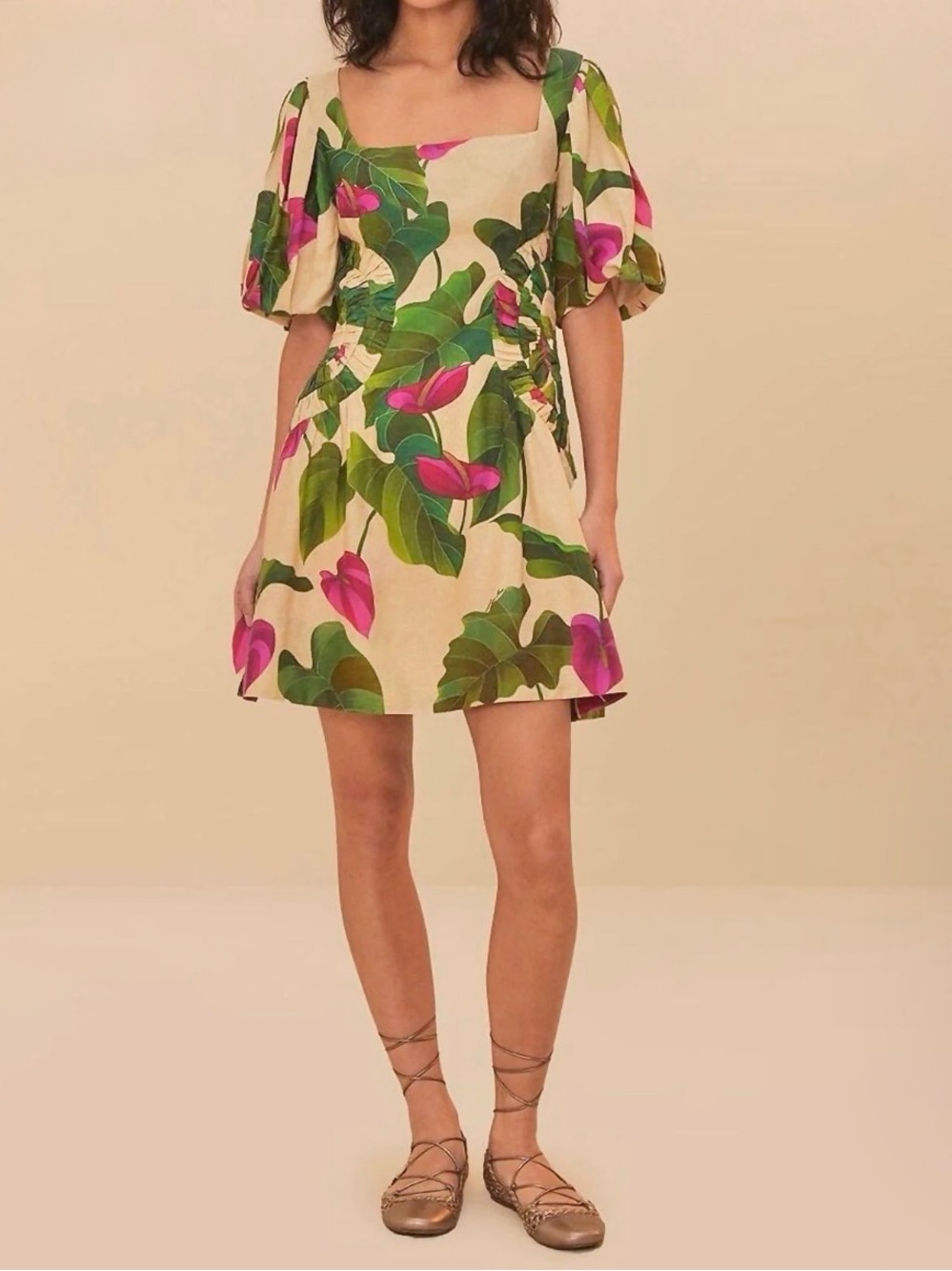 New Farm Rio Anthurium Leaves Sand Linen Dress Puff Sleeves Small